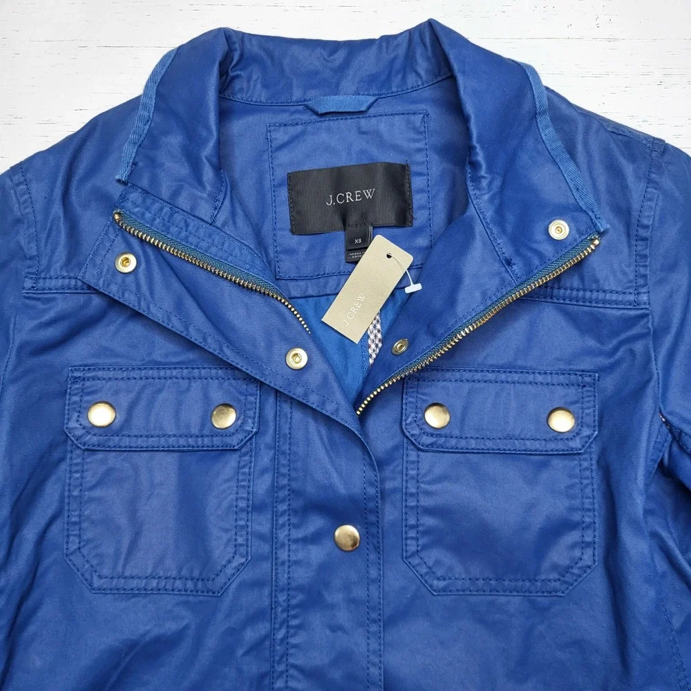 J Crew Downtown Field Jacket Blue Waxed Cotton Blue Stand Collar Military XS